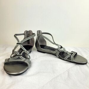 Dana Buchman pewter circle design elastic string sandals metallic zipper back 9